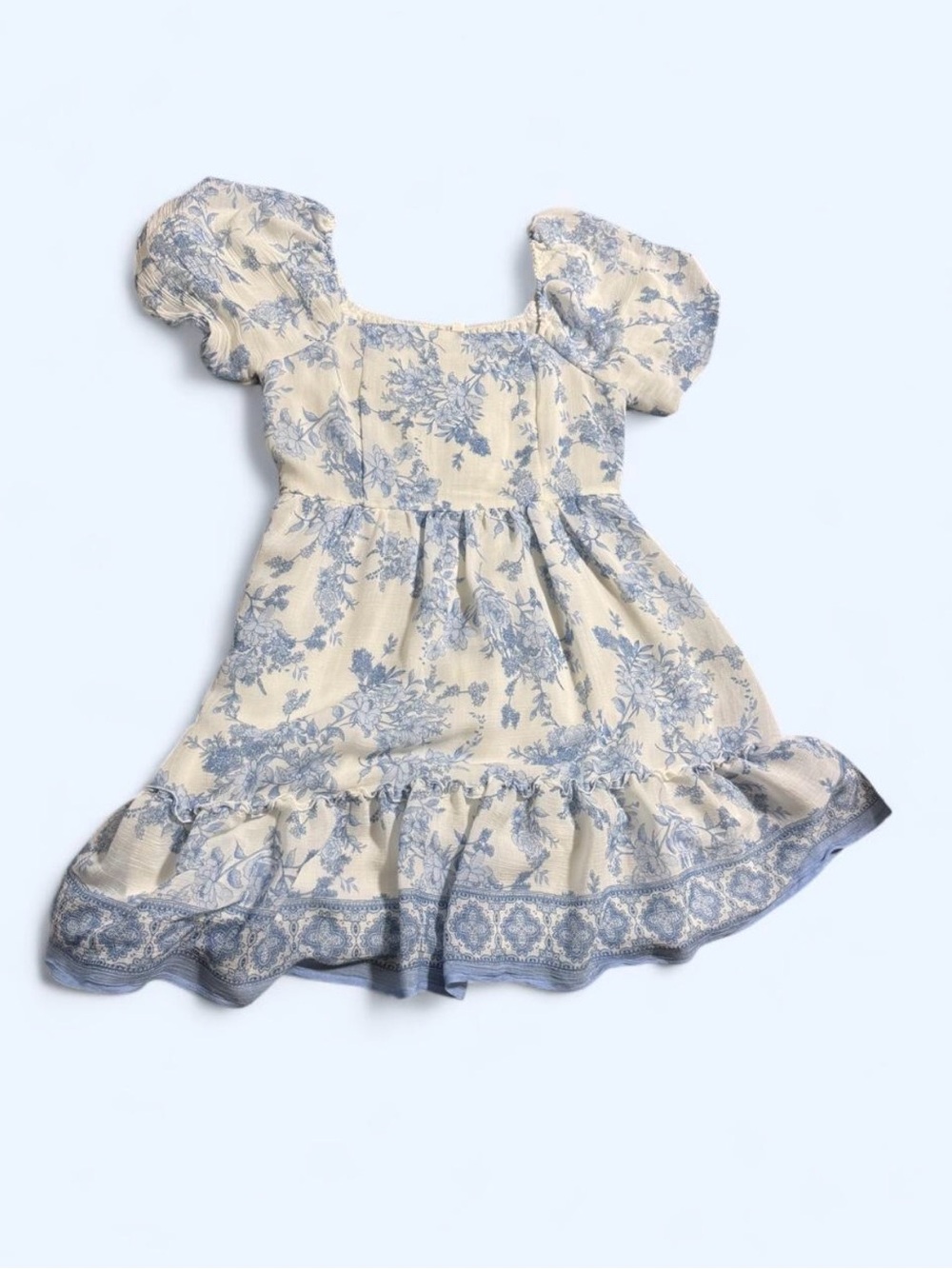 Cream and Blue Floral Puff-Sleeve Midi Dress